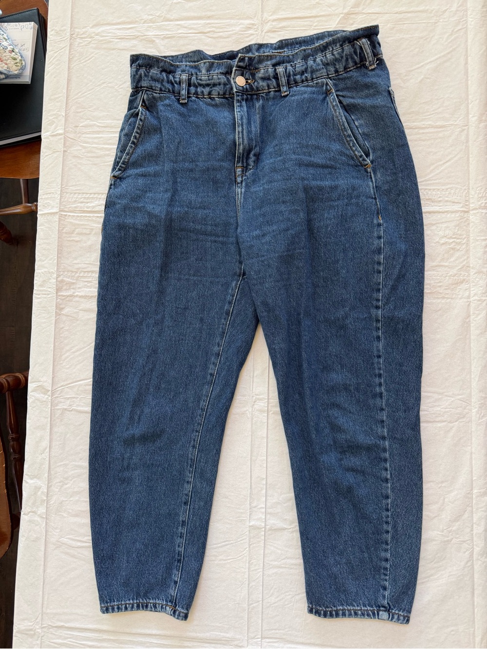 Zara Dark Blue Denim High-Waist Tapered Paper Bag Jeans